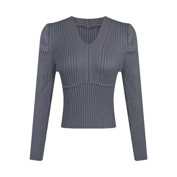 Pleten džemper s puff rukavima i V-izrezom, uski kroj, kratka duljina