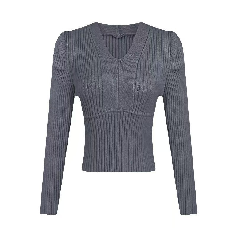 Pleten džemper s puff rukavima i V-izrezom, uski kroj, kratka duljina