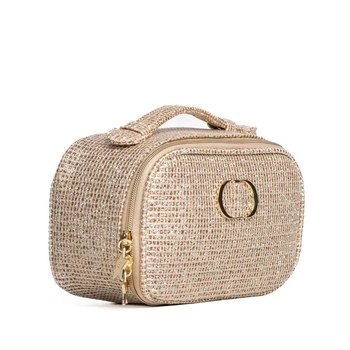 Négyzet alakú sminktáska, textil anyag, csíkos minta, bélés vászon, bővíthető, cipzár