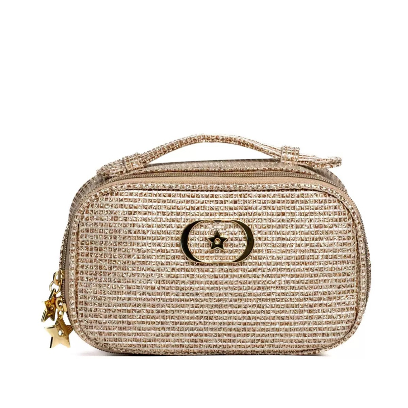 Négyzet alakú sminktáska, textil anyag, csíkos minta, bélés vászon, bővíthető, cipzár