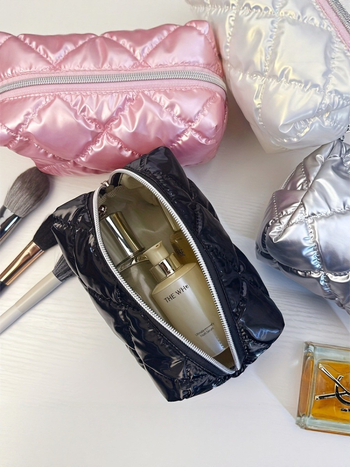 Geantă cosmetică de voiaj, quilt diamantat, material poliester, căptușeală poliester, stil urban minimalist, destinat femeilor