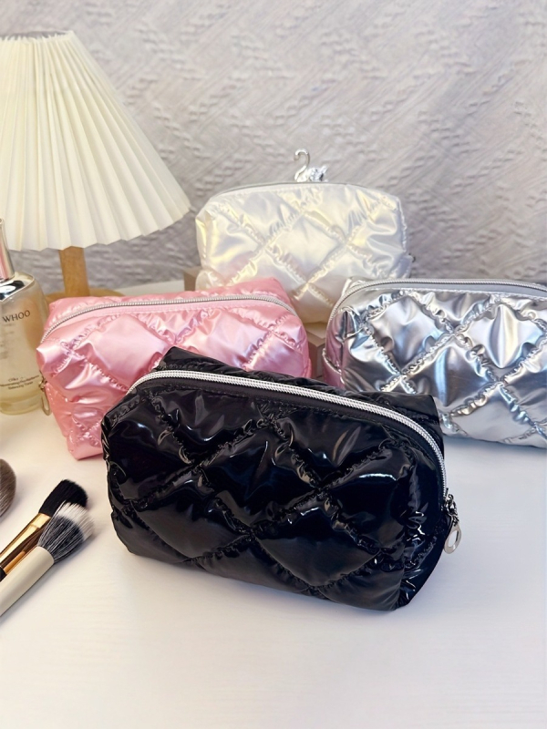 Geantă cosmetică de voiaj, quilt diamantat, material poliester, căptușeală poliester, stil urban minimalist, destinat femeilor