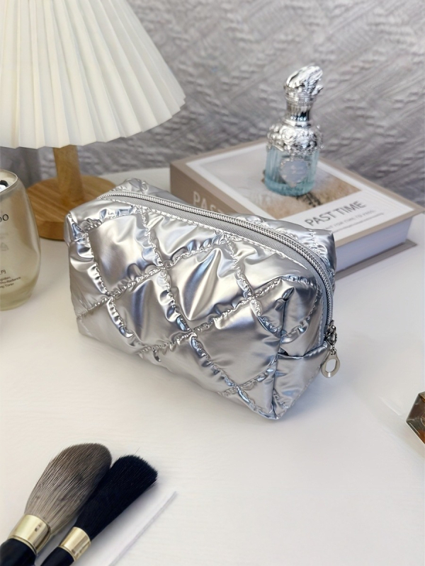 Geantă cosmetică de voiaj, quilt diamantat, material poliester, căptușeală poliester, stil urban minimalist, destinat femeilor
