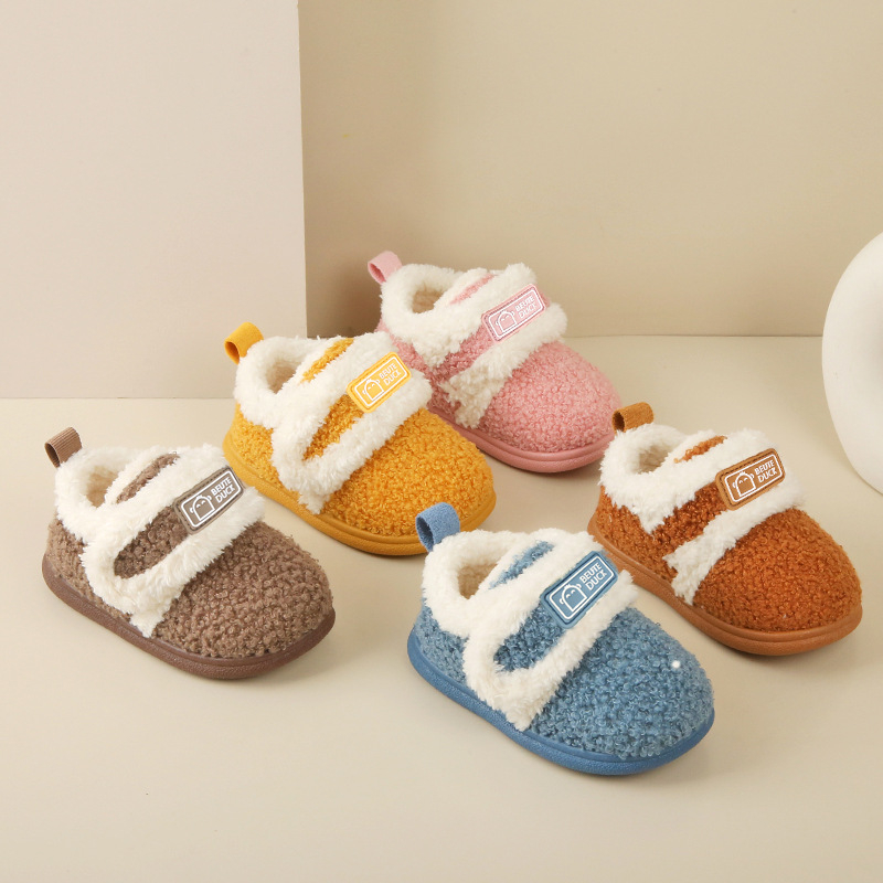 Gyerekek pamut papucs plüss béléssel, téli beltéri lábbelik, uniszex, 1–6 évesek, TPR talp, sarokkal, csúszásmentes és meleg