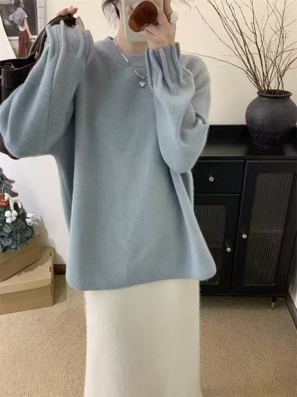 Pulover – guler rotund, design cu pliuri la manșetă, mâneci bufante, croială lejeră, lână de oaie cu elastan