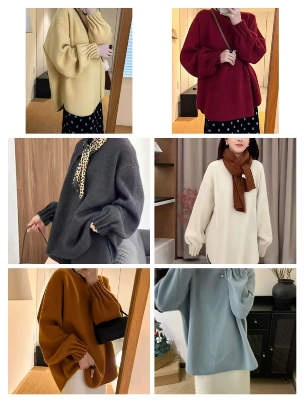 Pulover – guler rotund, design cu pliuri la manșetă, mâneci bufante, croială lejeră, lână de oaie cu elastan