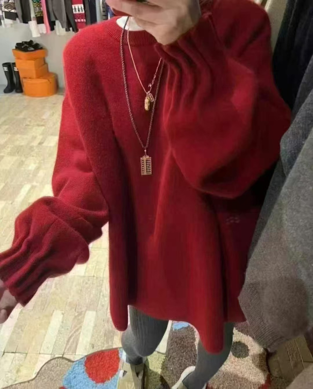 Pulover – guler rotund, design cu pliuri la manșetă, mâneci bufante, croială lejeră, lână de oaie cu elastan