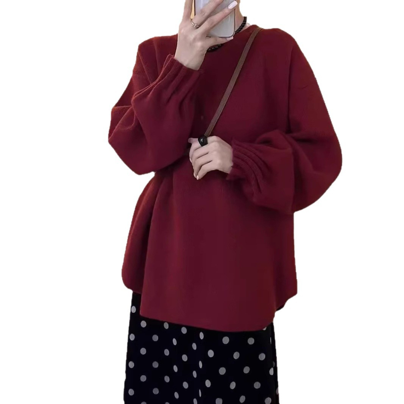 Pulover – guler rotund, design cu pliuri la manșetă, mâneci bufante, croială lejeră, lână de oaie cu elastan