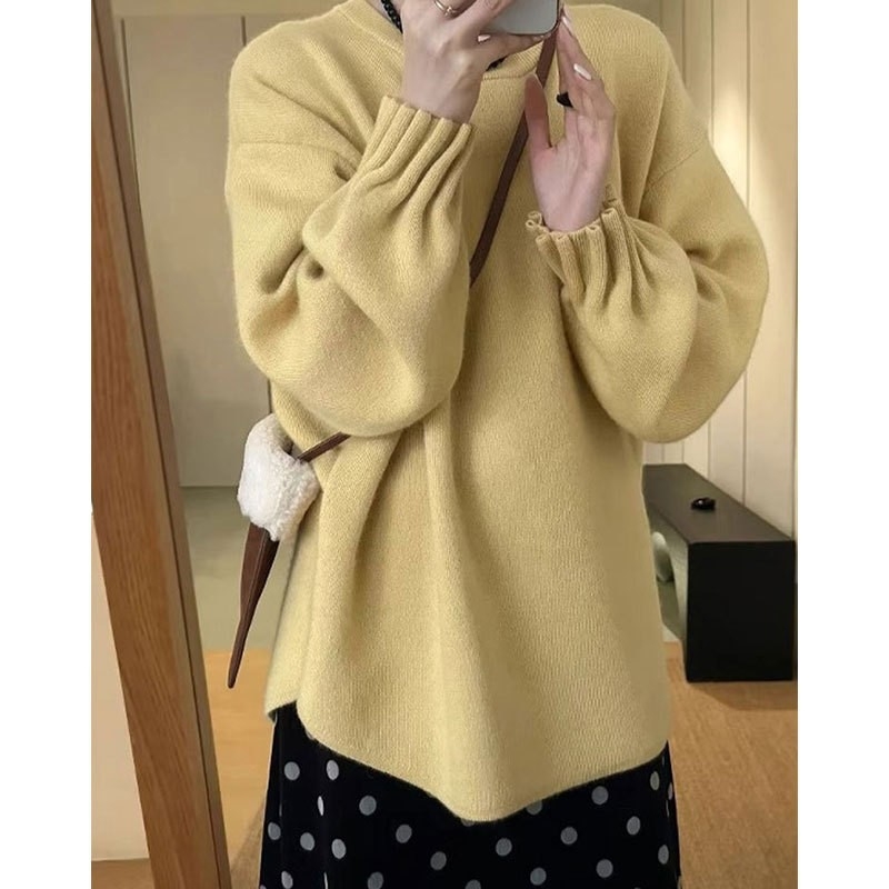 Pulover – guler rotund, design cu pliuri la manșetă, mâneci bufante, croială lejeră, lână de oaie cu elastan