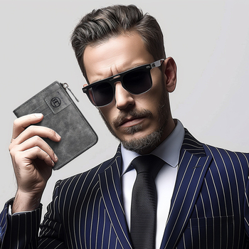 PU anyagú RFID-védett férfi pénztárca, cipzárral, bi-fold, több kártyatartóval