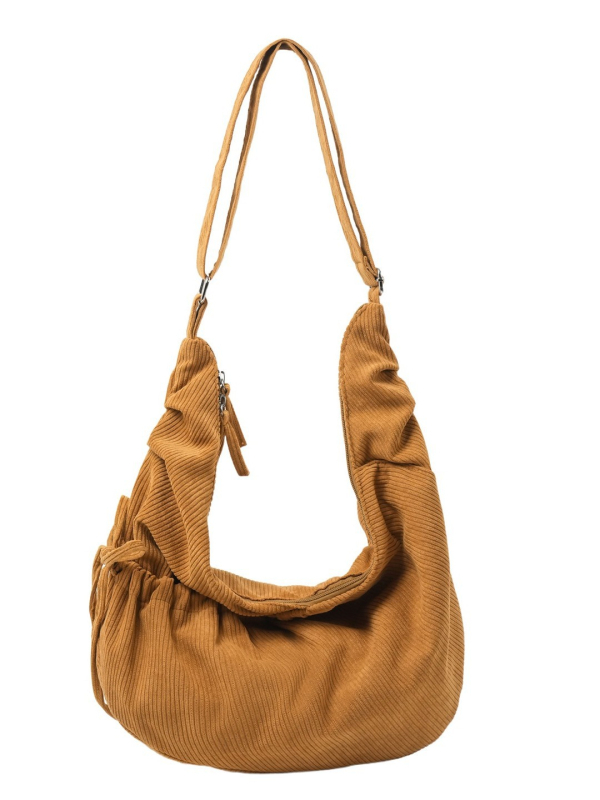 Corduroy crossbody torba dumpling oblika sa zatvaračem, unutarnji džepovi za telefon i dokumente, podstava poliester