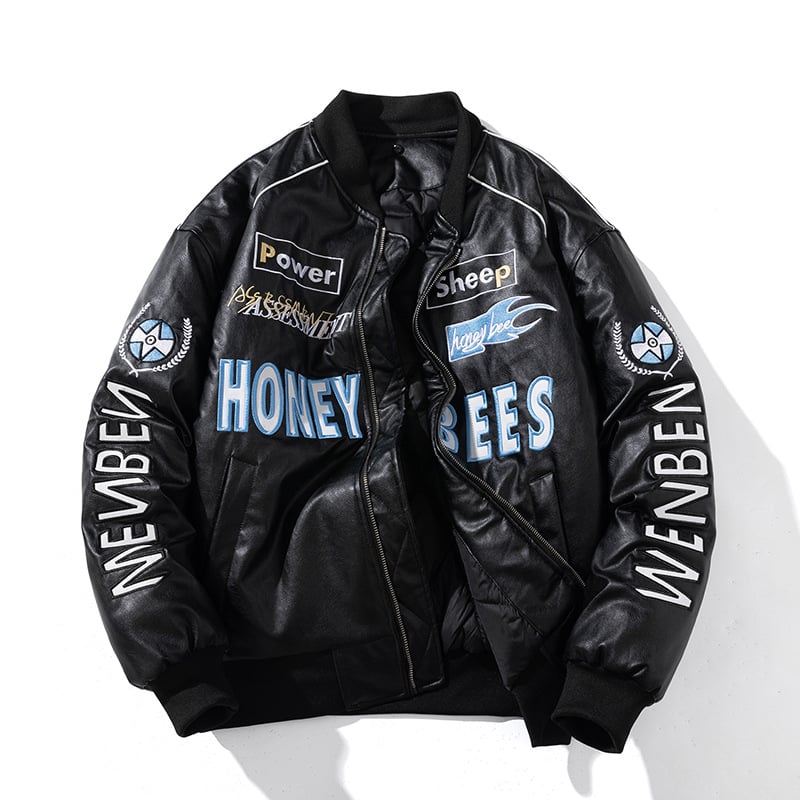 Férfi PU bőr motoros dzseki - pamut bélés, álló gallér, cipzár, normál hosszúság (PU bőr; pamut bélés; álló gallér; cipzár; normál hossz)