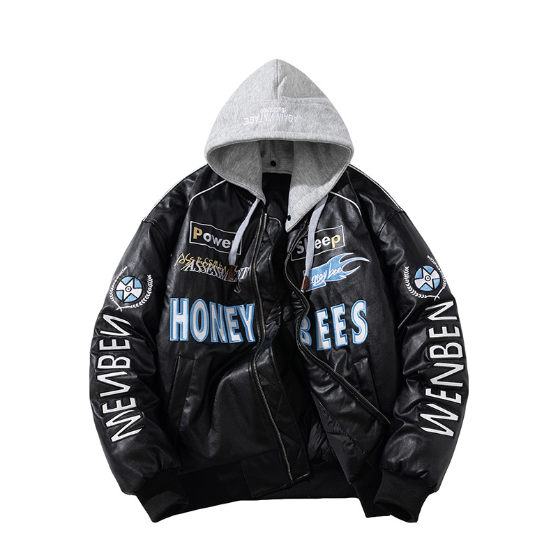 Férfi PU bőr motoros dzseki - pamut bélés, álló gallér, cipzár, normál hosszúság (PU bőr; pamut bélés; álló gallér; cipzár; normál hossz)