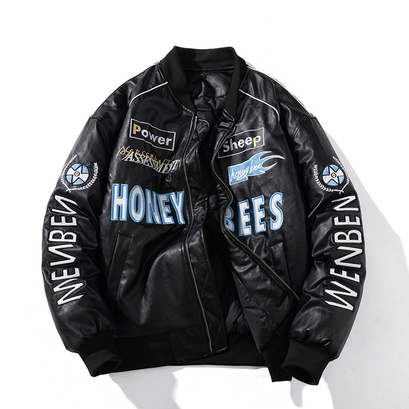 Férfi PU bőr motoros dzseki - pamut bélés, álló gallér, cipzár, normál hosszúság (PU bőr; pamut bélés; álló gallér; cipzár; normál hossz)