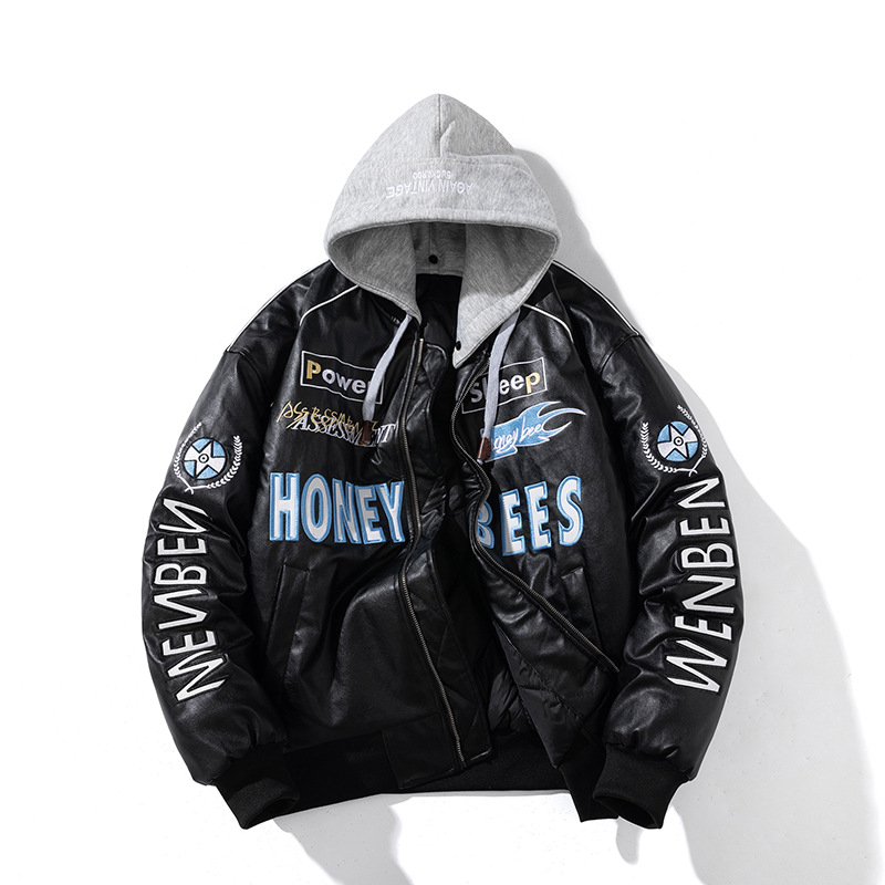 Férfi PU bőr motoros dzseki - pamut bélés, álló gallér, cipzár, normál hosszúság (PU bőr; pamut bélés; álló gallér; cipzár; normál hossz)