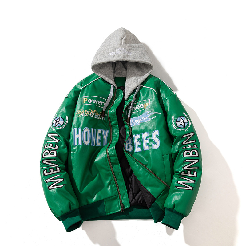 Férfi PU bőr motoros dzseki - pamut bélés, álló gallér, cipzár, normál hosszúság (PU bőr; pamut bélés; álló gallér; cipzár; normál hossz)