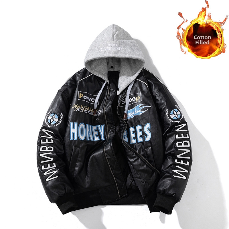 Férfi PU bőr motoros dzseki - pamut bélés, álló gallér, cipzár, normál hosszúság (PU bőr; pamut bélés; álló gallér; cipzár; normál hossz)