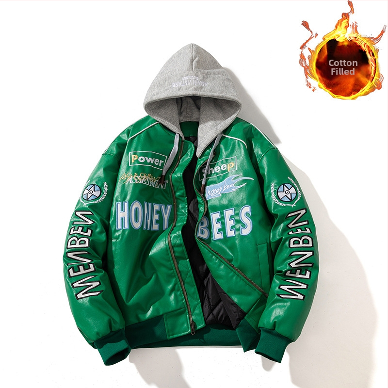 Férfi PU bőr motoros dzseki - pamut bélés, álló gallér, cipzár, normál hosszúság (PU bőr; pamut bélés; álló gallér; cipzár; normál hossz)