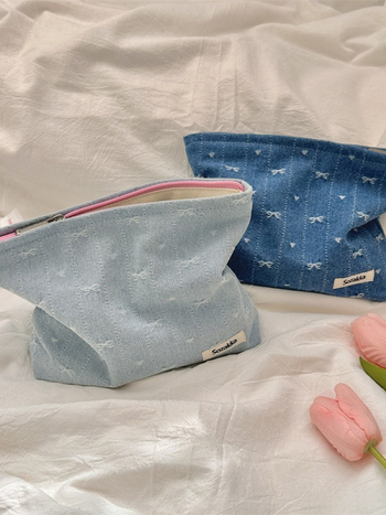 Denim masni kozmetikai táska vászon béléssel, nagy kapacitású cipzáras tároló