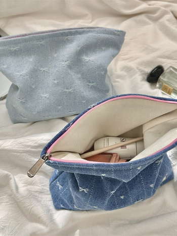 Denim masni kozmetikai táska vászon béléssel, nagy kapacitású cipzáras tároló