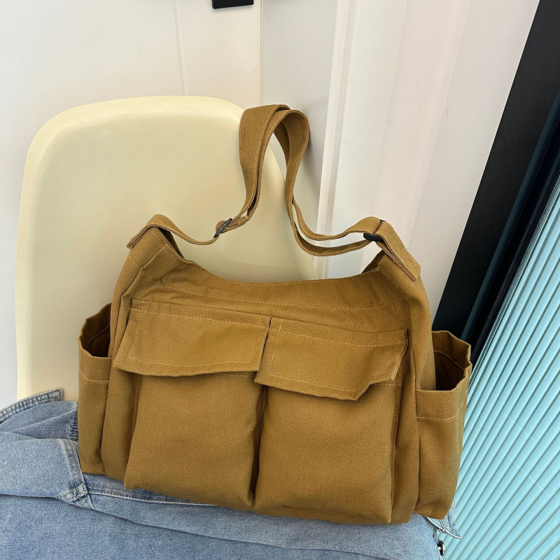 Unisex canvas Messenger torba s poklopcem, horizontalni kvadratni oblik, unutarnja džep za mobitel