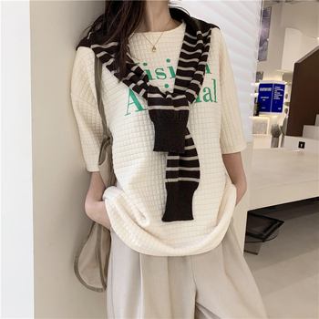 Šal od akrila/umjetne vune, prugasti uzorak, ravno pleteni s jacquard obradom, japansko-korejski sladak stil, dekorativni šal
