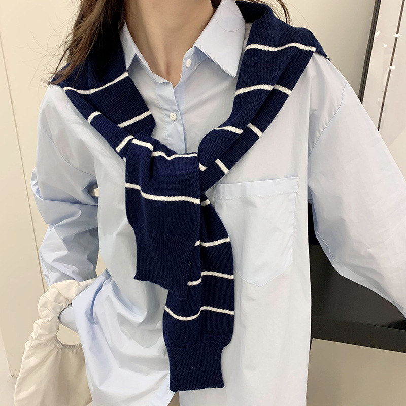 Šal od akrila/umjetne vune, prugasti uzorak, ravno pleteni s jacquard obradom, japansko-korejski sladak stil, dekorativni šal