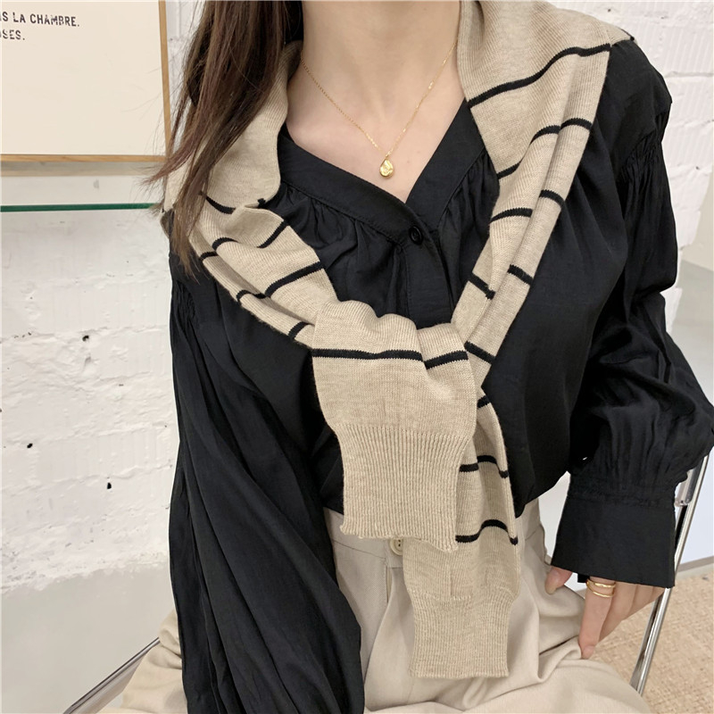 Šal od akrila/umjetne vune, prugasti uzorak, ravno pleteni s jacquard obradom, japansko-korejski sladak stil, dekorativni šal