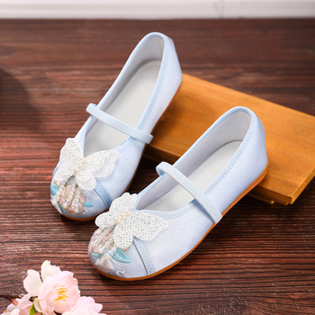 Pantofi Hanfu pentru fete, în stil etnic — partea superioară din in, branț EVA, talpă din tendon de vițel, închidere cu cataramă