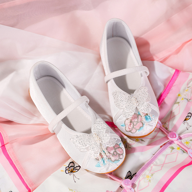 Pantofi Hanfu pentru fete, în stil etnic — partea superioară din in, branț EVA, talpă din tendon de vițel, închidere cu cataramă