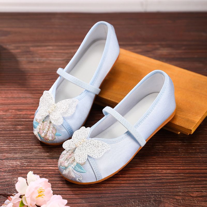 Pantofi Hanfu pentru fete, în stil etnic — partea superioară din in, branț EVA, talpă din tendon de vițel, închidere cu cataramă