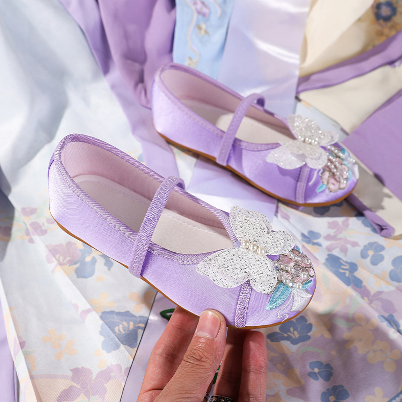 Pantofi Hanfu pentru fete, în stil etnic — partea superioară din in, branț EVA, talpă din tendon de vițel, închidere cu cataramă