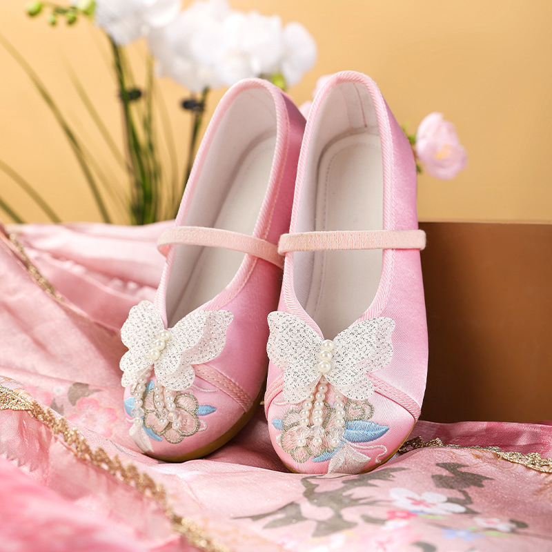 Pantofi Hanfu pentru fete, în stil etnic — partea superioară din in, branț EVA, talpă din tendon de vițel, închidere cu cataramă