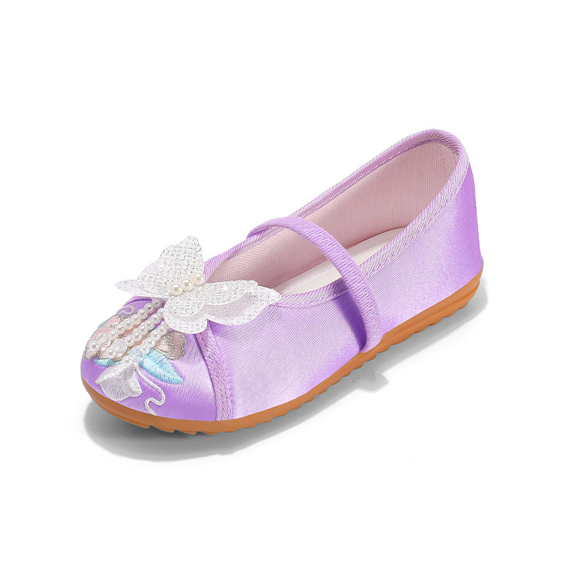 Pantofi Hanfu pentru fete, în stil etnic — partea superioară din in, branț EVA, talpă din tendon de vițel, închidere cu cataramă