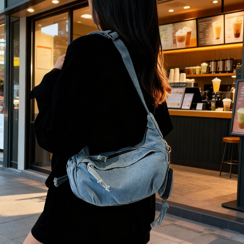 Dumpling oblik denim crossbody torba, gradski minimalistički stil, zatvaranje zipom, unutarnja džep sa zipom i džep za telefon, jedan remen
