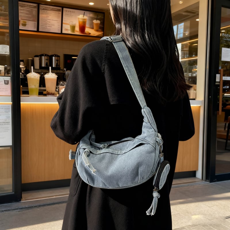 Dumpling oblik denim crossbody torba, gradski minimalistički stil, zatvaranje zipom, unutarnja džep sa zipom i džep za telefon, jedan remen