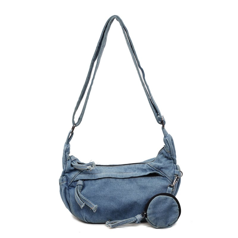 Dumpling oblik denim crossbody torba, gradski minimalistički stil, zatvaranje zipom, unutarnja džep sa zipom i džep za telefon, jedan remen
