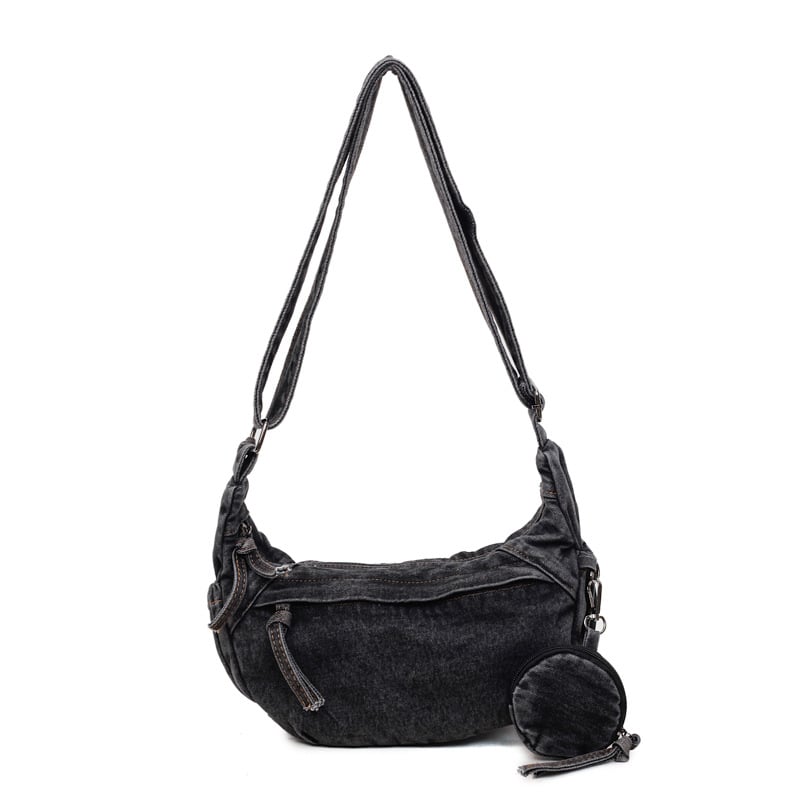 Dumpling oblik denim crossbody torba, gradski minimalistički stil, zatvaranje zipom, unutarnja džep sa zipom i džep za telefon, jedan remen