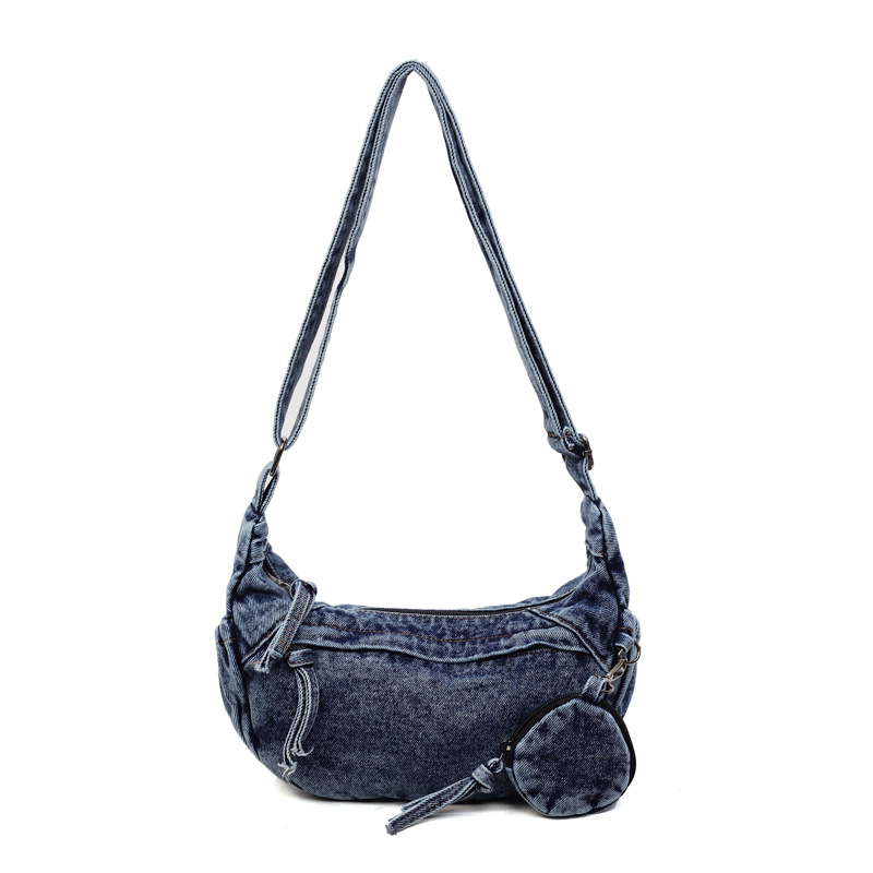 Dumpling oblik denim crossbody torba, gradski minimalistički stil, zatvaranje zipom, unutarnja džep sa zipom i džep za telefon, jedan remen