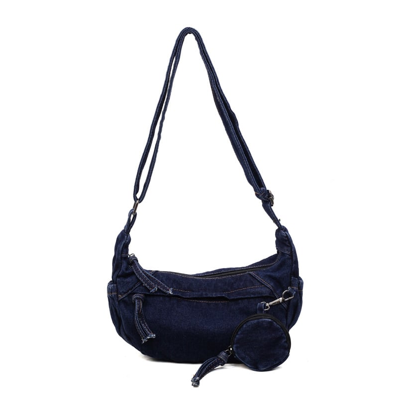 Dumpling oblik denim crossbody torba, gradski minimalistički stil, zatvaranje zipom, unutarnja džep sa zipom i džep za telefon, jedan remen