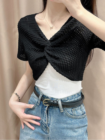 Bolero din dantelă, pulover scurt cu decolteu în V, mâneci 3/4, țesătură dantelă nylon-spandex, croială slim