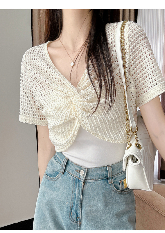 Bolero din dantelă, pulover scurt cu decolteu în V, mâneci 3/4, țesătură dantelă nylon-spandex, croială slim