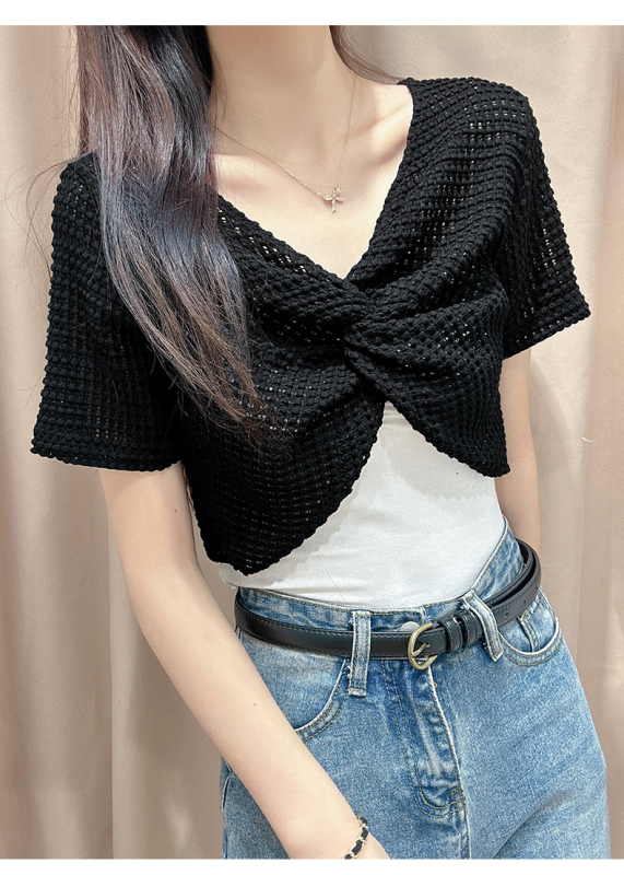 Bolero din dantelă, pulover scurt cu decolteu în V, mâneci 3/4, țesătură dantelă nylon-spandex, croială slim