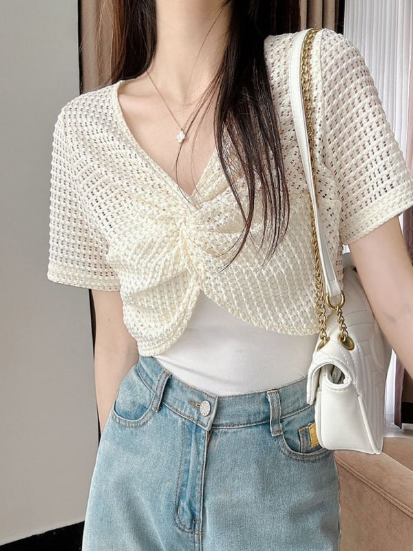 Bolero din dantelă, pulover scurt cu decolteu în V, mâneci 3/4, țesătură dantelă nylon-spandex, croială slim