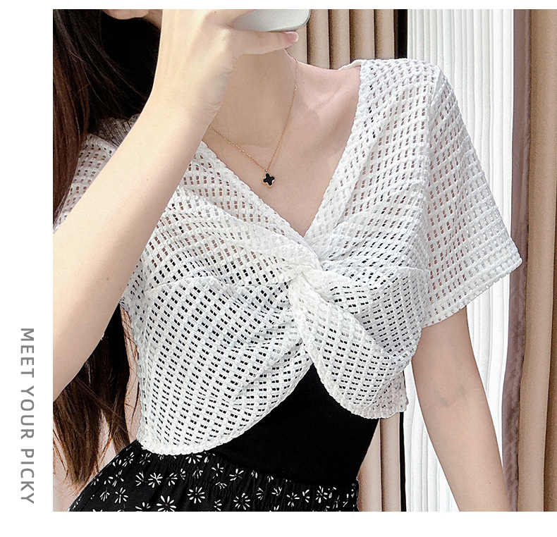 Bolero din dantelă, pulover scurt cu decolteu în V, mâneci 3/4, țesătură dantelă nylon-spandex, croială slim