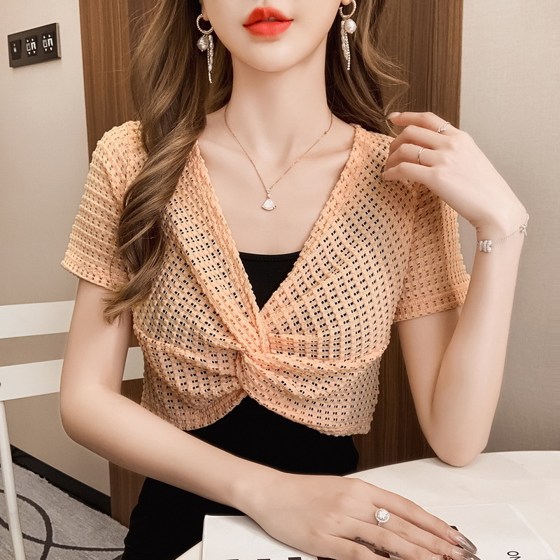 Bolero din dantelă, pulover scurt cu decolteu în V, mâneci 3/4, țesătură dantelă nylon-spandex, croială slim