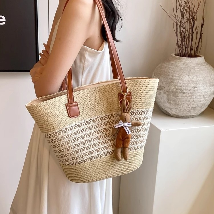 Geantă bucket din paie pentru femei, stil urban simplu, închidere cu fermoar, căptușeală poliester, bretele duble