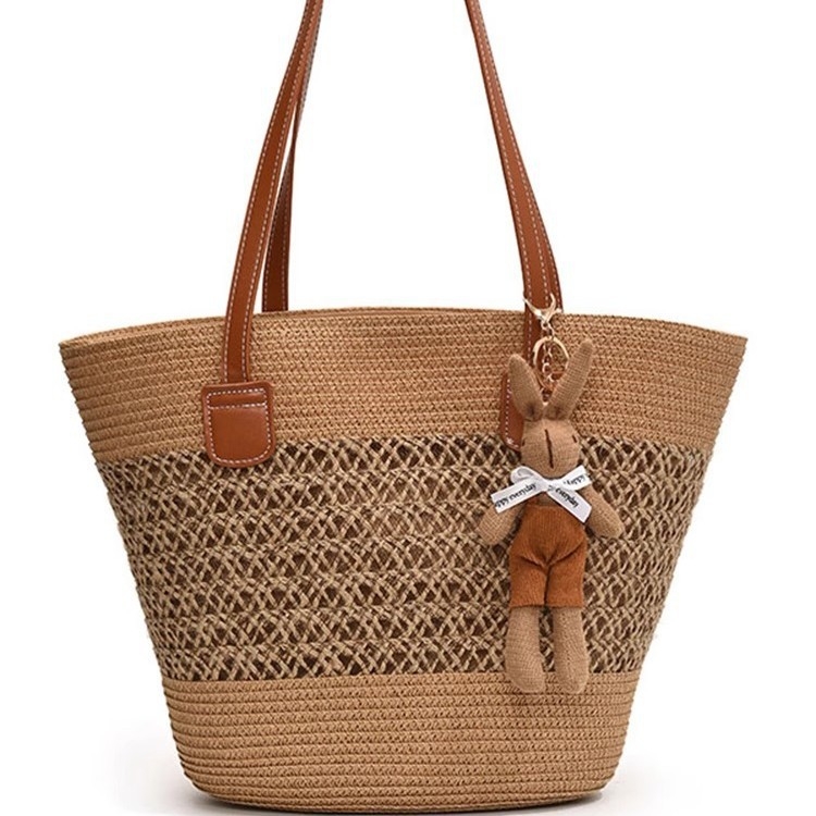 Geantă bucket din paie pentru femei, stil urban simplu, închidere cu fermoar, căptușeală poliester, bretele duble