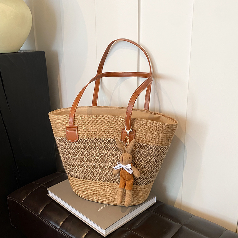 Geantă bucket din paie pentru femei, stil urban simplu, închidere cu fermoar, căptușeală poliester, bretele duble