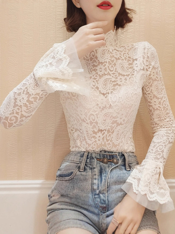 Čipkové sieťové top s dlhými rukávmi a nafúknutými rukávmi, polovičný golier, kvetinový vzor, úzky strih, 95% nylon